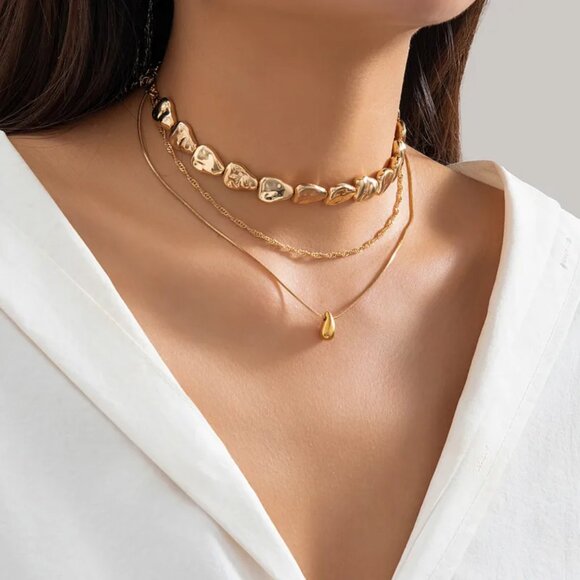 NEW Gold Organic Irregular Beaded Layered Stacked Chain Necklace - Picture 2 of 4